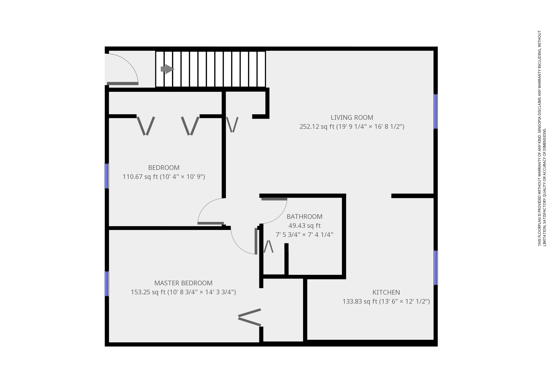 A floor plan of a house with a living room, two bedrooms, a bathroom, a kitchen, and a master bedroom.